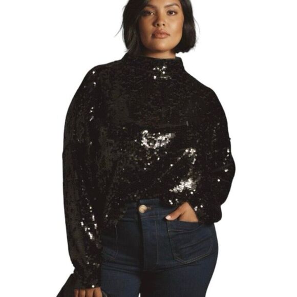 Pilcro Black Funnel Neck Sequined 100% Cashmere Sweater NWT Size Extra Large - Picture 1 of 7